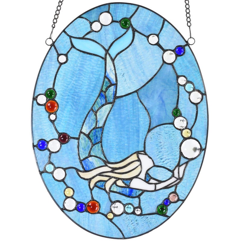 Bieye W10064 Mermaid Tiffany Style Stained Glass Window Panel with Chain, Oval Shape, 13â€W x 18" H - Image 1